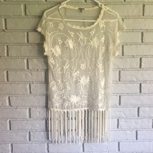 Mesh embroidered top with fringe